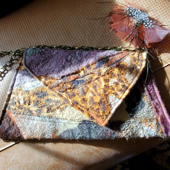 Artisan Handmade, Felted wool, feathers, patchwork shoulder bag, clutch OOAK - Picture 2 of 11